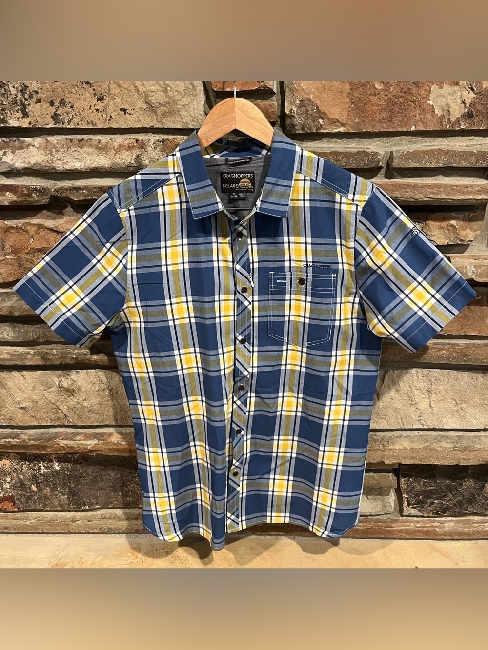 Craghoppers SolarShield Short Sleeve Plaid Button-Up Shirt in Blue/Yellow